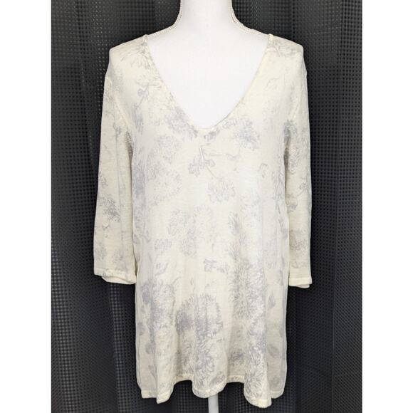 J. JILL! FINE LINEN! FLORAL CREAM, GRAY LIGHTWEIGHT KNIT, V-NECK SWEATER! SZ M - Picture 2 of 9